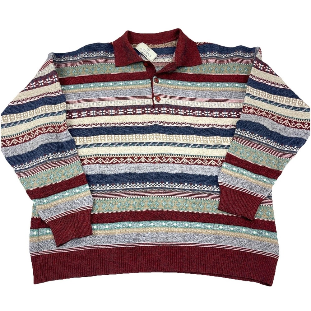 Vintage Andrews Sweater Men XL Red Multi Striped Collared‎ Made In Italy Grandpa